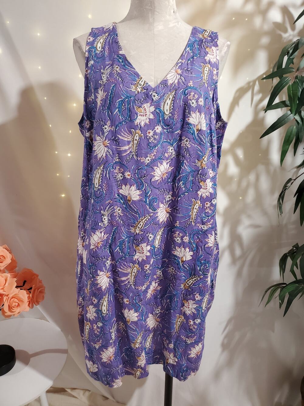 J Jill Love Linen Floral Paisley Midi Dress Size LP Purple Cottagecore Pockets